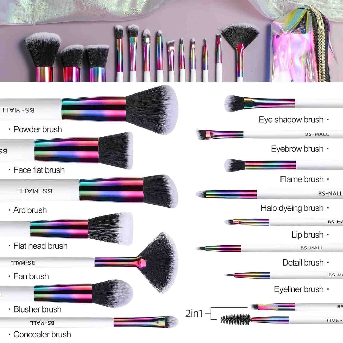 Set of makeup brushes with colorful handles and labels on a white background