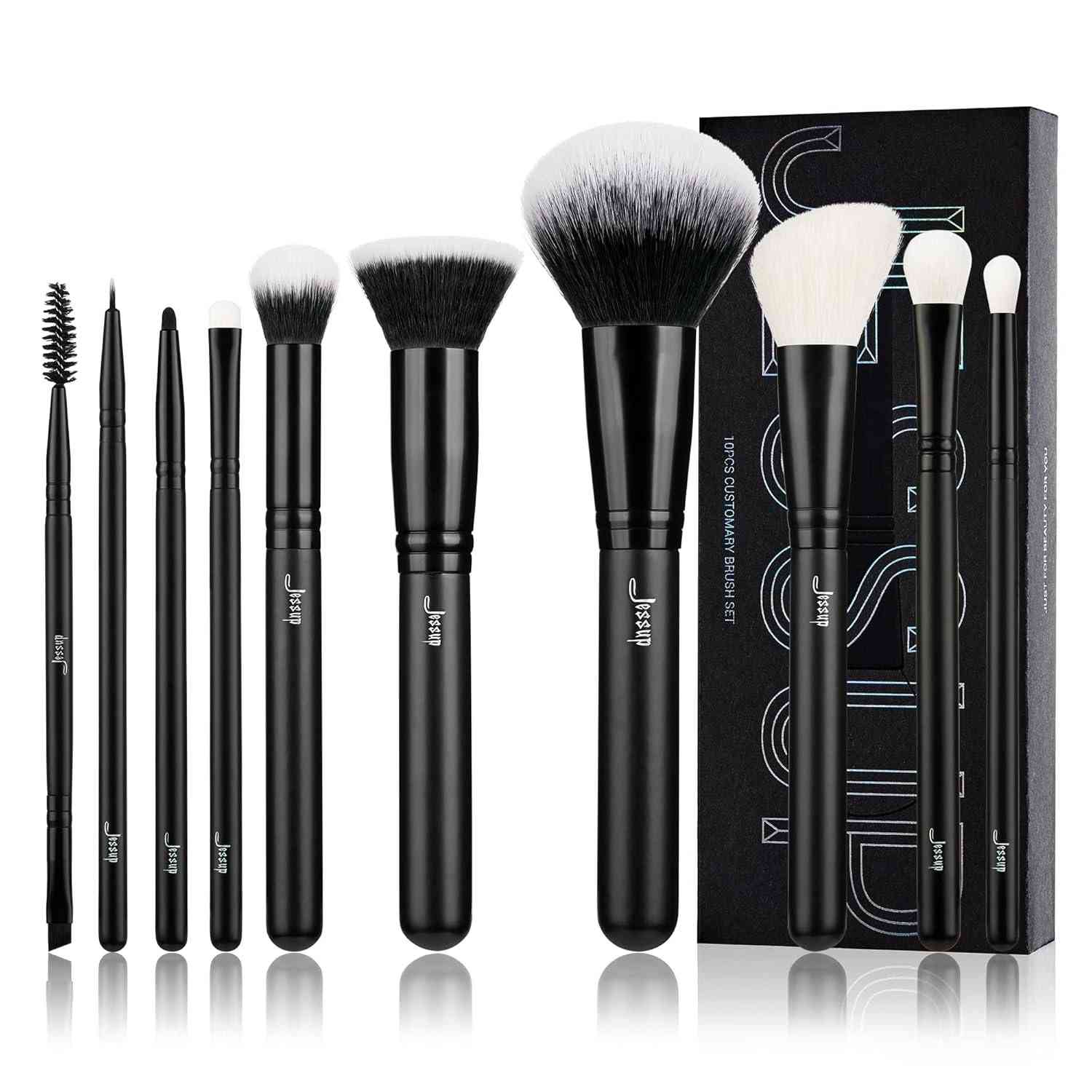 Set of makeup brushes with a black box on a white background