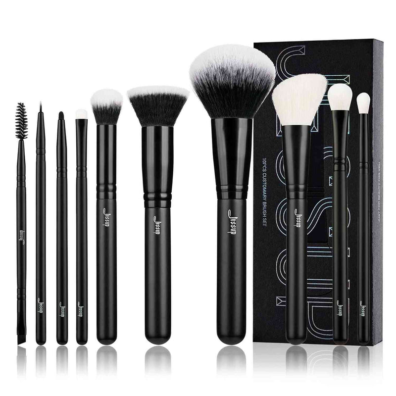 Set of makeup brushes with a black box on a white background