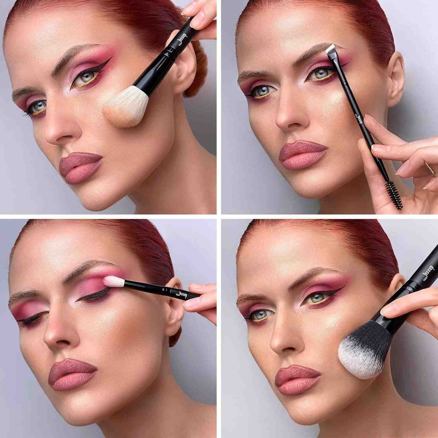 Step-by-step makeup application process on a model's face with brushes.