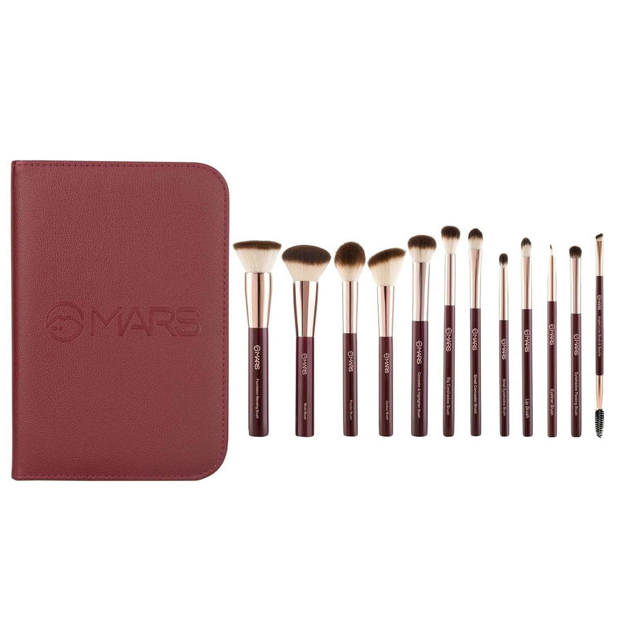 Set of makeup brushes with a Mars-branded case on a white background