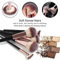 Makeup brushes with soft dense hairs feature and makeup application examples.