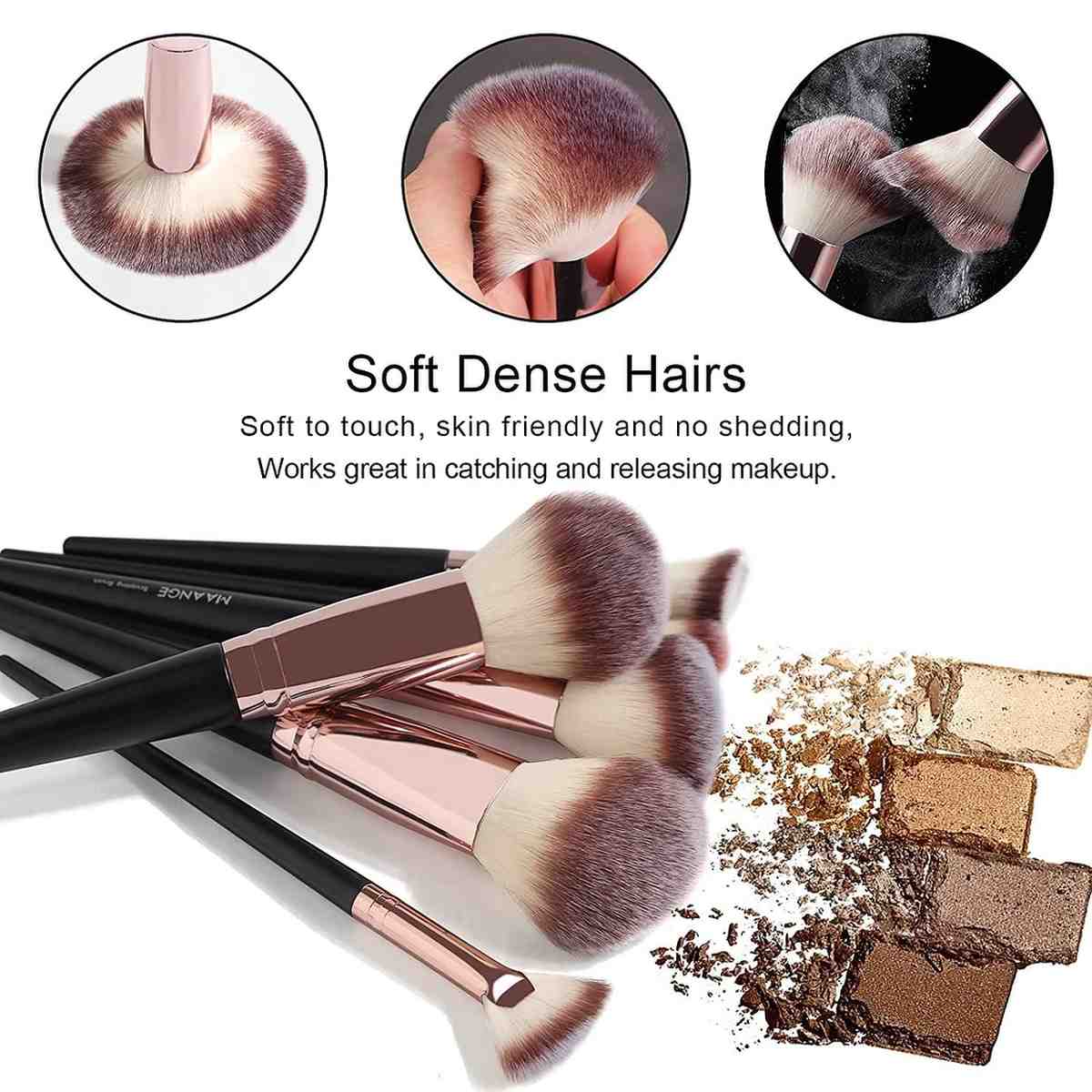 Makeup brushes with soft dense hairs feature and makeup application examples.