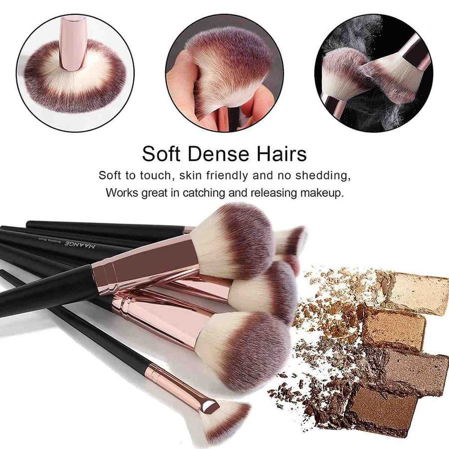 Makeup brushes with soft dense hairs feature and makeup application examples.