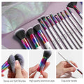 Set of makeup brushes with rainbow handles and close-up details on a white background