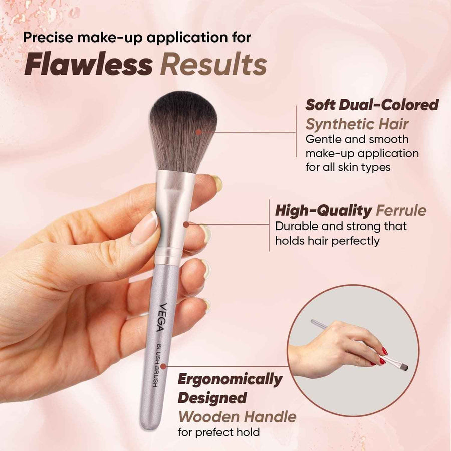 Makeup brush with text highlighting features on a pink background