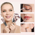 Woman holding makeup brushes with close-up shots of applying makeup to eyes, lips, and face.