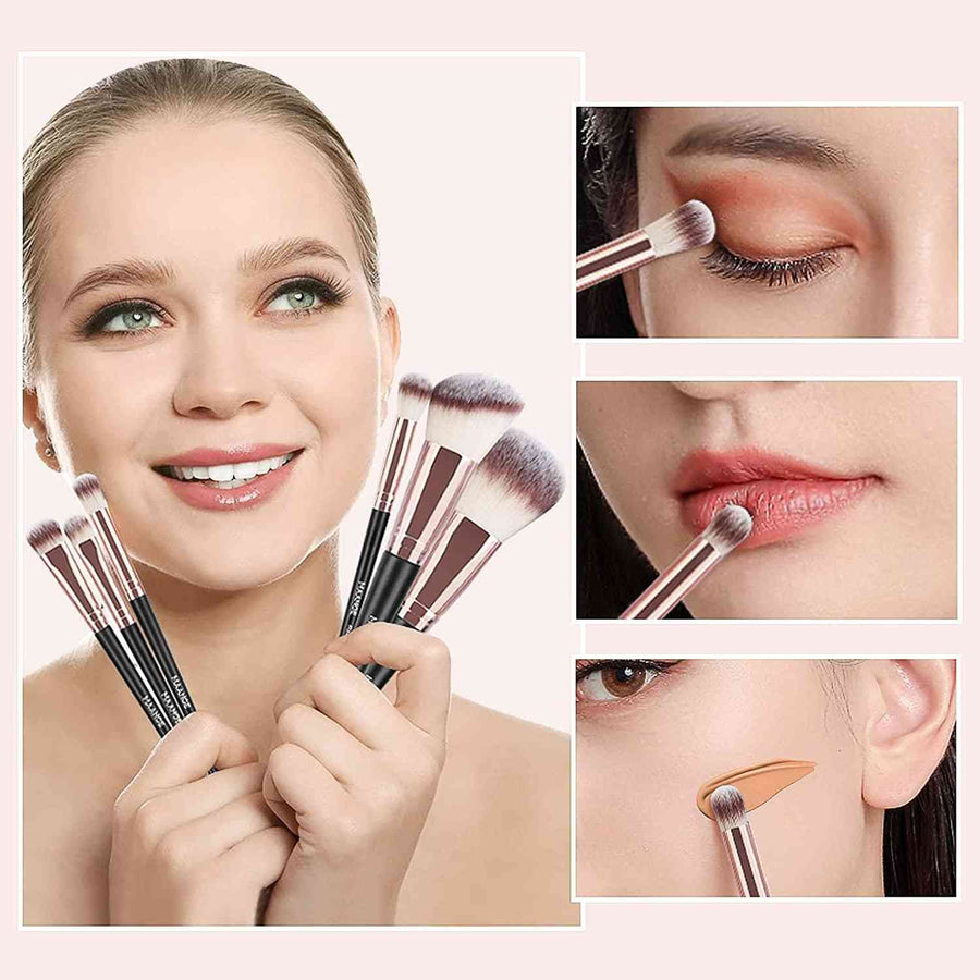 Woman holding makeup brushes with close-up shots of applying makeup to eyes, lips, and face.