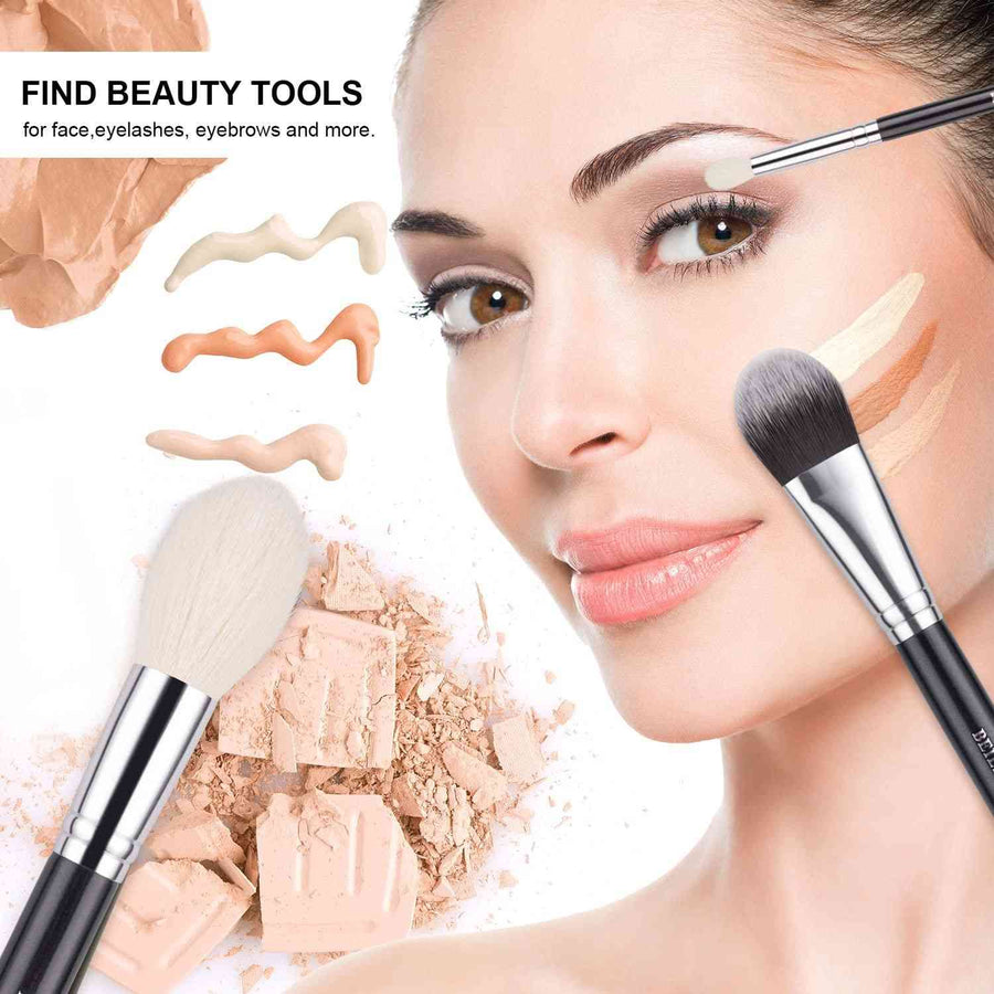 Woman applying makeup with brushes and products, surrounded by beauty tools on a white background.