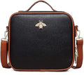 Black leather handbag with brown accents and a bee emblem on a white background