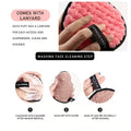 a makeup cleansing pad showing cleaning and holding process with lanyard on the side make it very easy  to use 