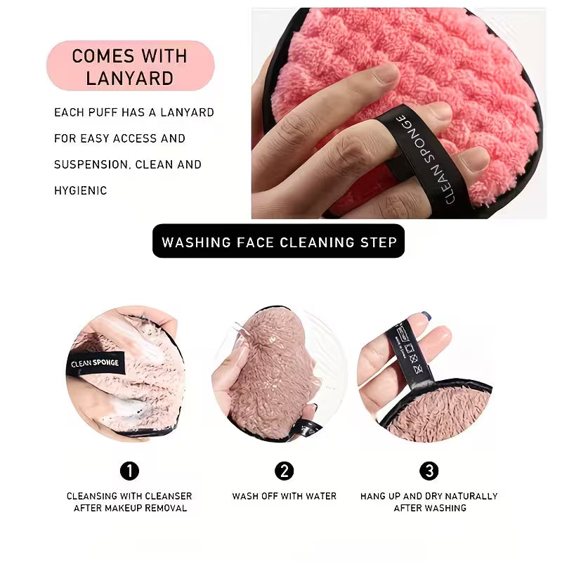 a makeup cleansing pad showing cleaning and holding process with lanyard on the side make it very easy  to use 
