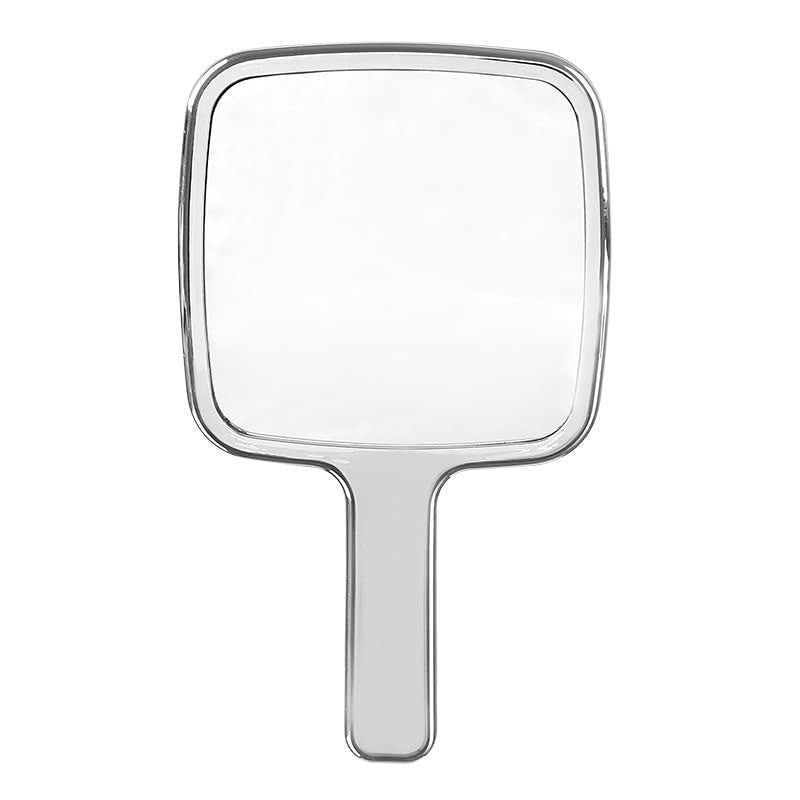 Handheld mirror with a clear reflective surface on a white background