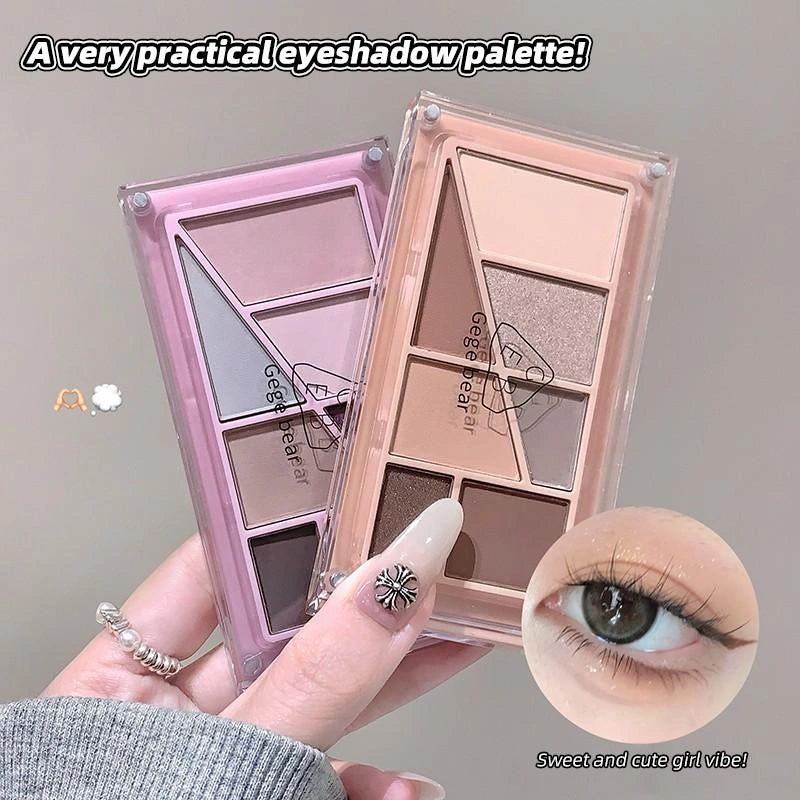 Eyeshadow palette held by a hand with a close-up of an eye wearing the makeup.