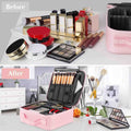 Before and after comparison of makeup items organized in a pink case.