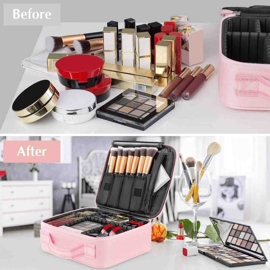 Before and after comparison of makeup items organized in a pink case.