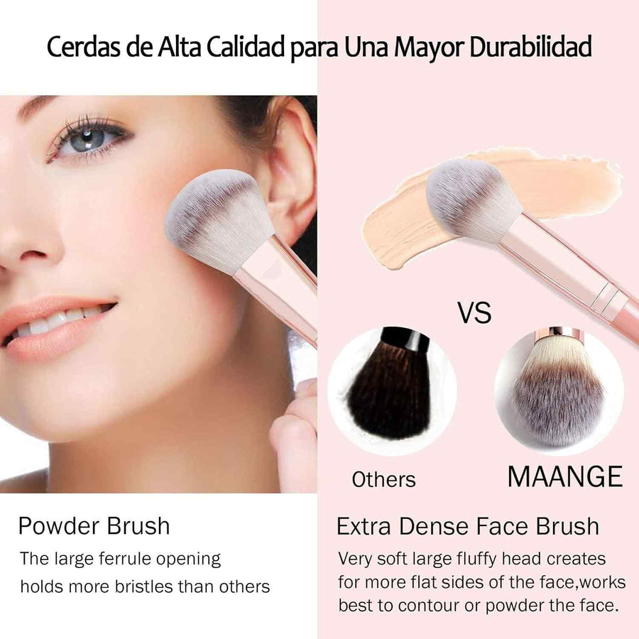 Comparison of a powder brush with MAANGE's extra dense face brush on a pink background.