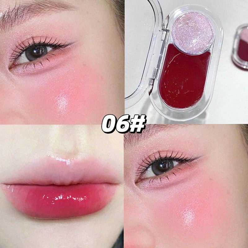 waterproof maroon cheek blush with rose pink shimmer highlighter showing effect on cheeks and eye area 