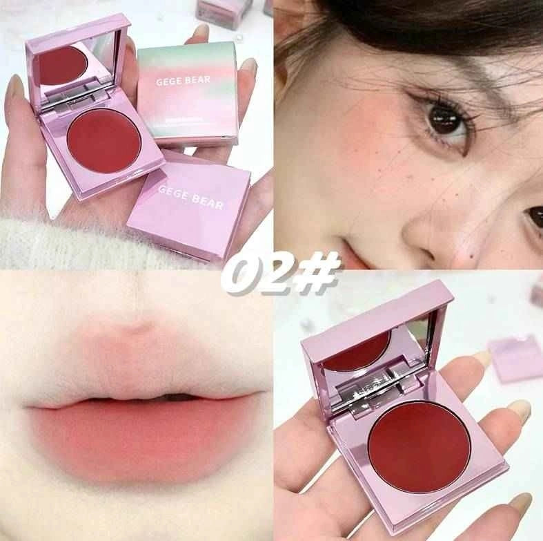 Makeup blush with compact case, applied on skin, and swatched on lips.