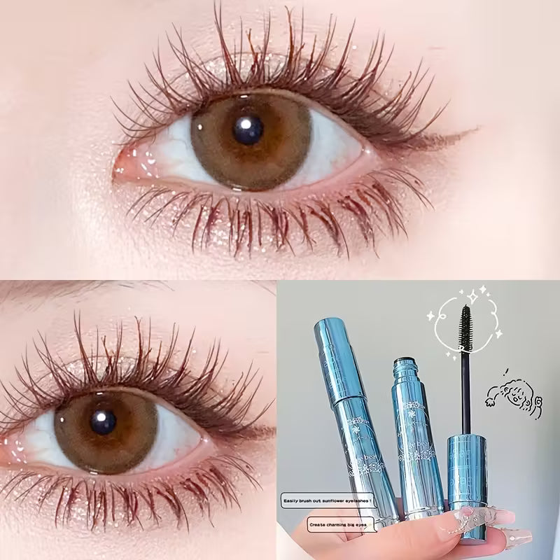 Close-up of an eye with long lashes, mascara packaging, and mascara wand.