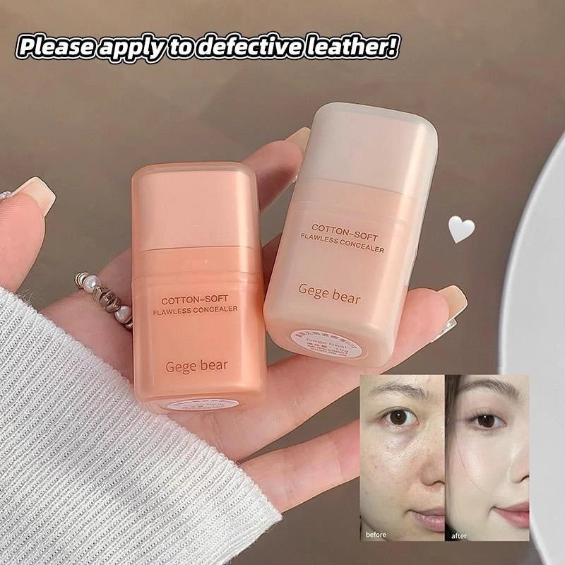 Two Gege bear concealer bottles held by a hand, with inset images of a person's face before and after using the concealer.
