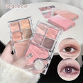 matte eyeshadow palette pack of 2 held by a hand and 2 eyes are showing the pigmentation and light glitter 