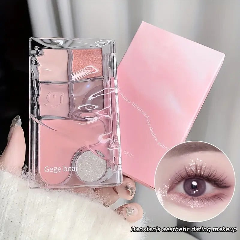 matte eyeshadow palette held on and and an eye showing the details of pigmentation 