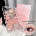 matte eyeshadow palette by gege bear held on a hand and eye showing how it looks in real life 