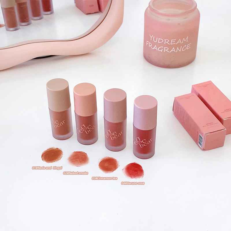 Set of cream matte blush with swatches on a white background, featuring 'Yudream Fragrance' and gege bear branding.