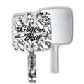 Handheld mirror with decorative handle and 'Gege Bear' text on a white background