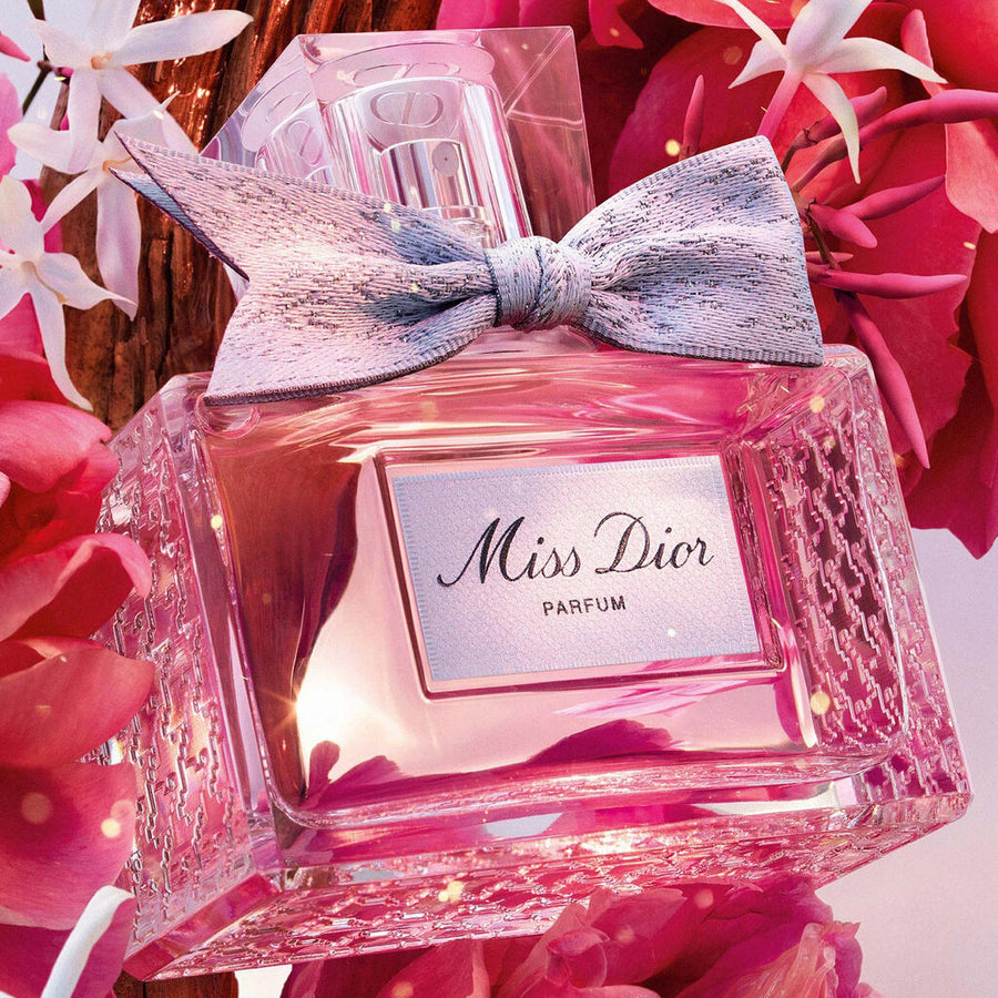 miss dior parfum on a floral background pink radiant