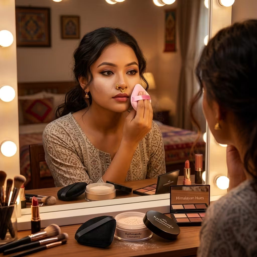 a girl blending her makeup with baby pink triangle powder puff while looking at the mirror sitting infront of a vanity table 