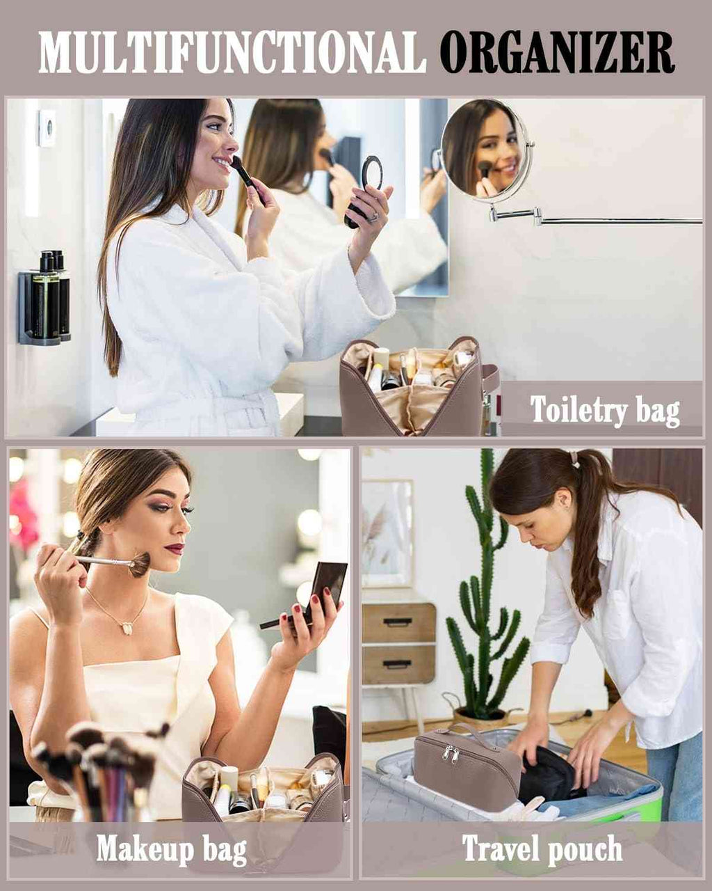 Multifunctional organizer used as a toiletry bag, makeup bag, and travel pouch with a woman using it.