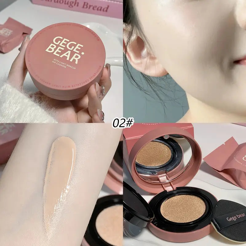 “Gege Bear Lightweight BB Cream Air Cushion compact with cute bear design, includes one refill, featuring hydrating lightweight formula, natural brightening, breathable non-cakey coverage, and soft matte finish suitable for all skin types.”
