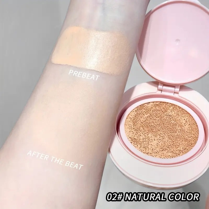 Makeup foundation with 'Prebeat' and 'After the Beat' text on a gray background