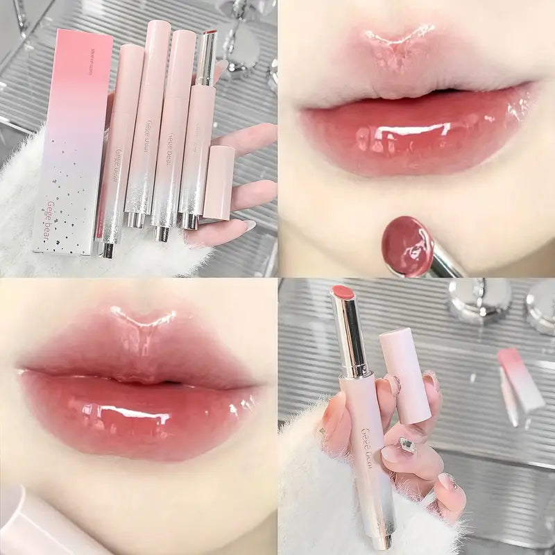 Collage of pink lip products including lipsticks, lip gloss, and applicators on a neutral background.