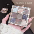 Nude glitter Eyeshadow palette held in a hand with 'GEGE BEAR' branding showing 9 shades