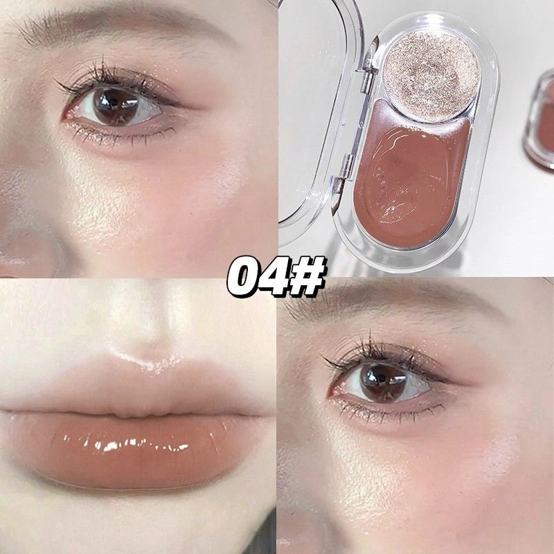 pocket sized brown cheek blush matte with brown shimmer for cheeck and in collage image showing application effects on cheeks and eye area