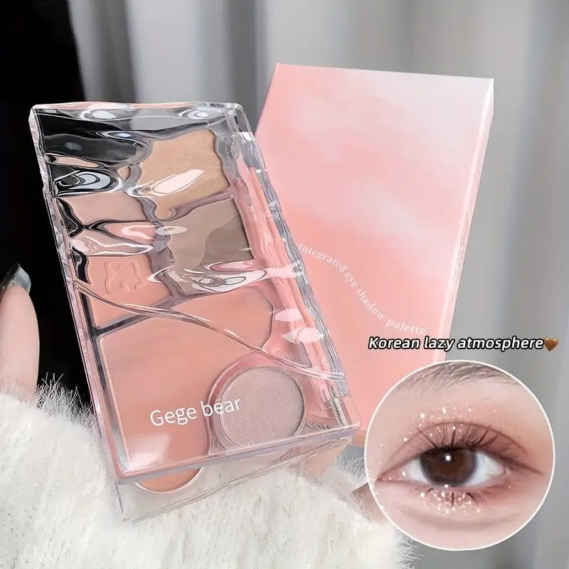 nude eyeshadow palette on a hand and eyes showing shimmer looks 