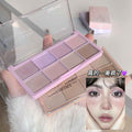 gege bear eyeshadow palette of purple nude colors and image showng a women's eye being applied these color 