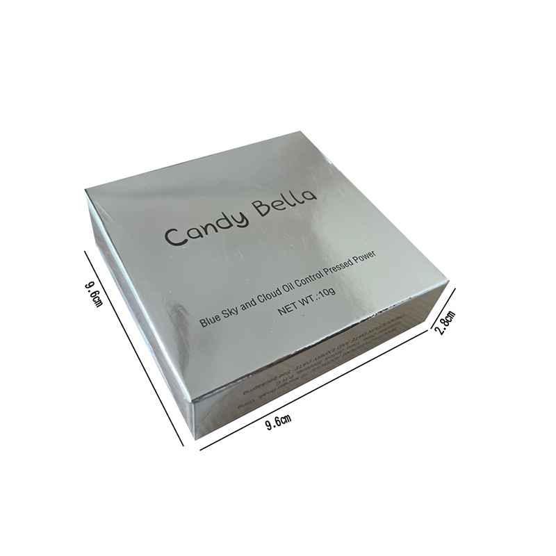 Silver packaging box with 'Candy Bella' branding and dimensions on a white background