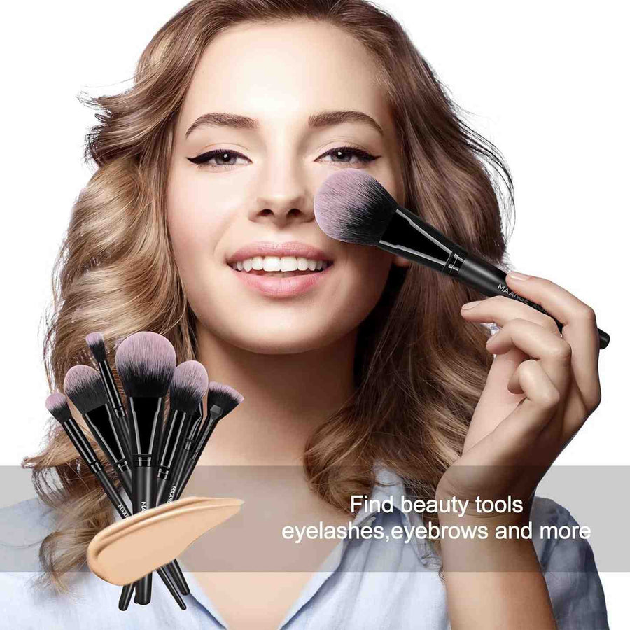 Woman holding makeup brushes with text overlay on a white background