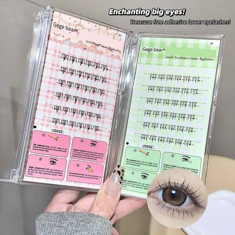 pack of 2 under eyelashes clusters on the hand  with eyes showing real life usage 
