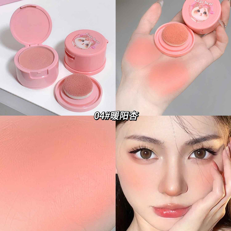 peach blush gege bear printed on the cat illustrated blush container and showing pigmention a models face 