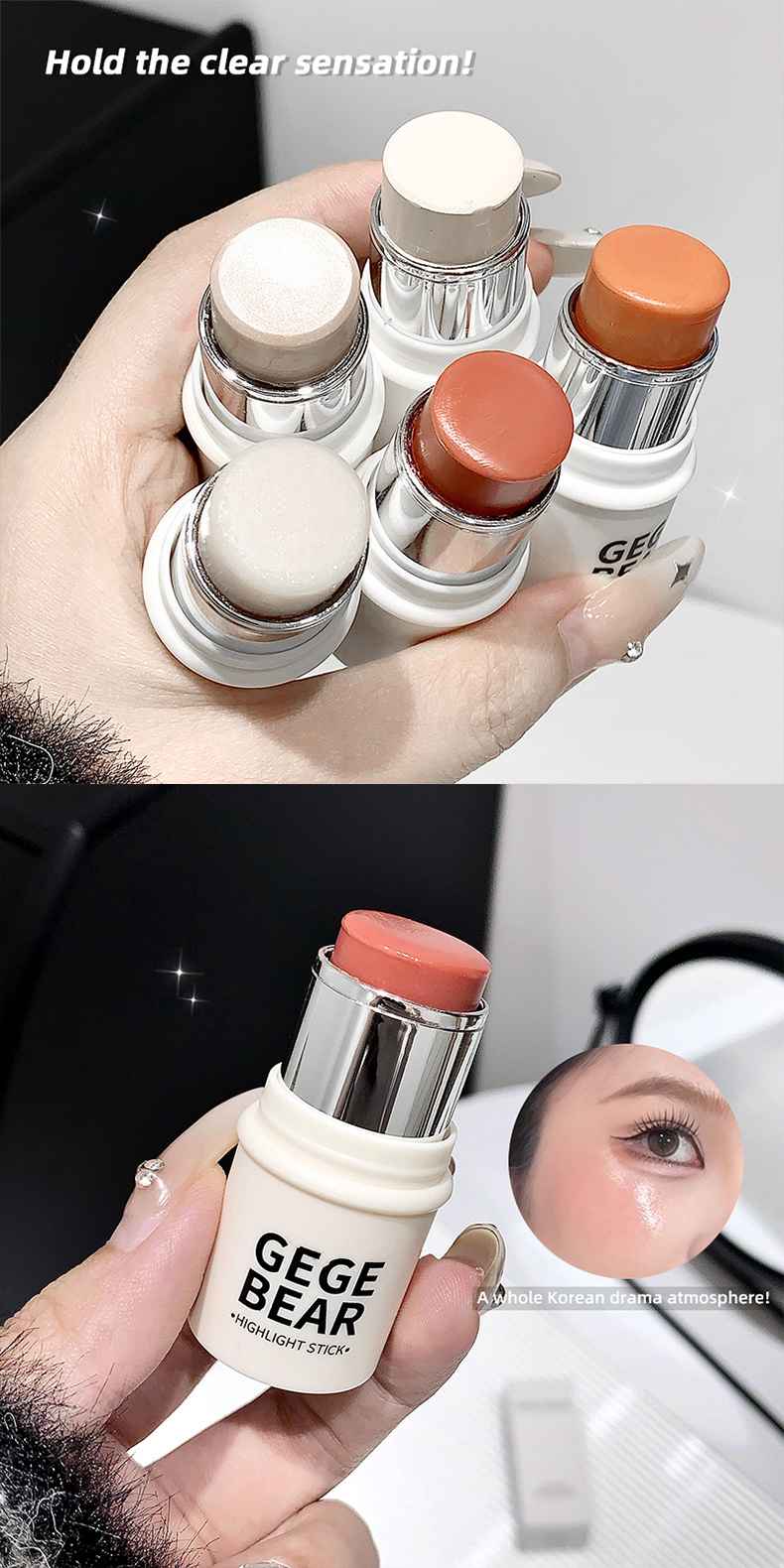 Hand holding Blushes sticks with 'GEGE BEAR' branding, including a stick.