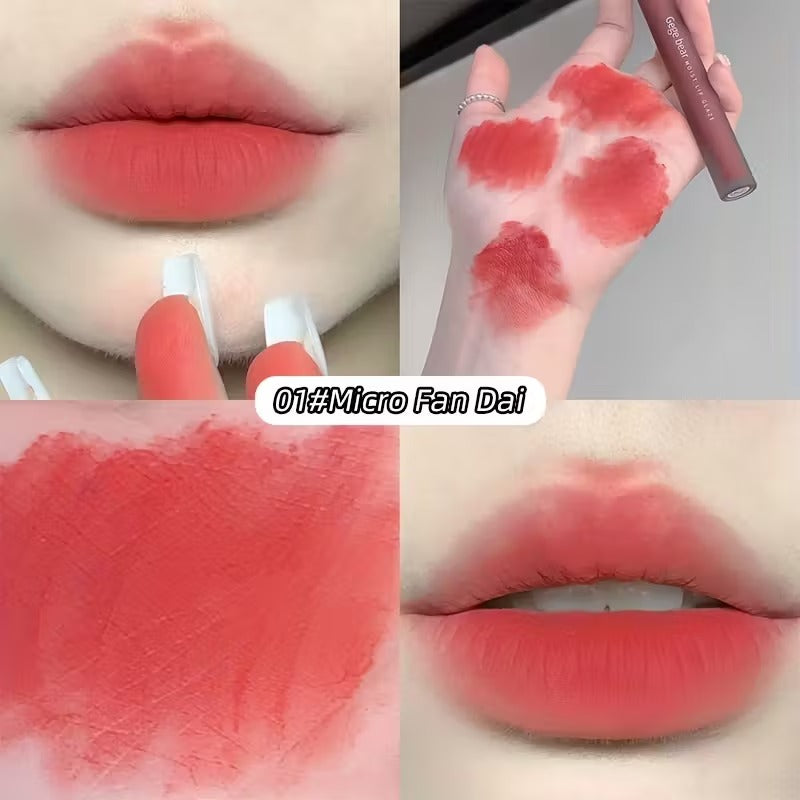 Lipstick application on lips and swatches with '01#Micro Fan Dai' label.