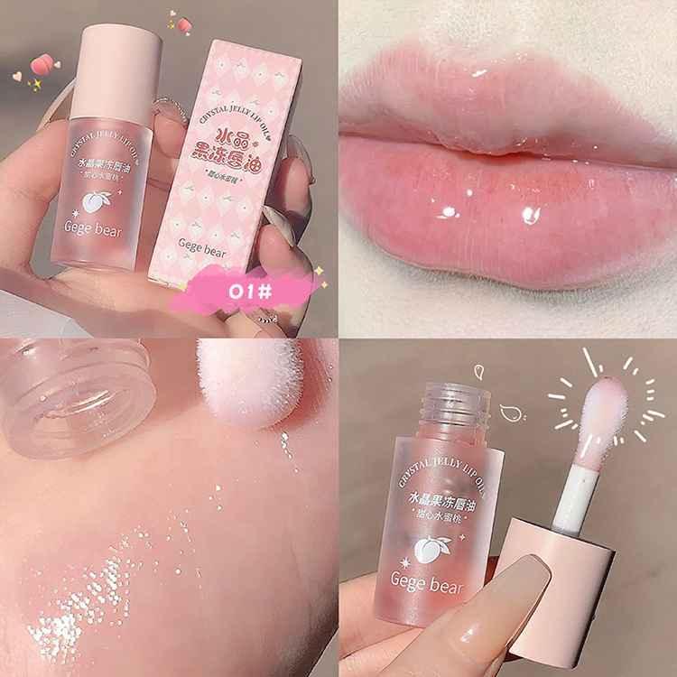 Lip gloss product with close-up shots of lips and packaging
