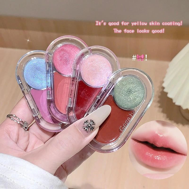 Hand holding a set of colorful blushes with a close-up of lips wearing pink lip gloss.