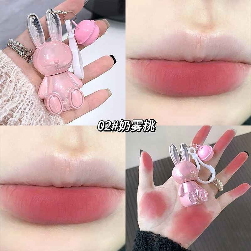 Collage of a pink lip balm with rabbit design, applied on lips and skin.