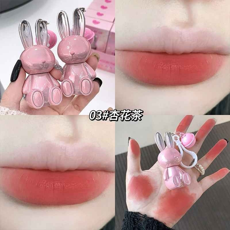 Collage of a pink bunny-shaped lipstick with close-ups on lips and hand.
